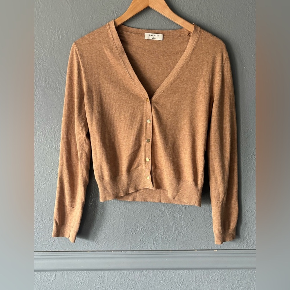 Babaton Lightweight Cardigan Tan Button Front Viscose Blend M